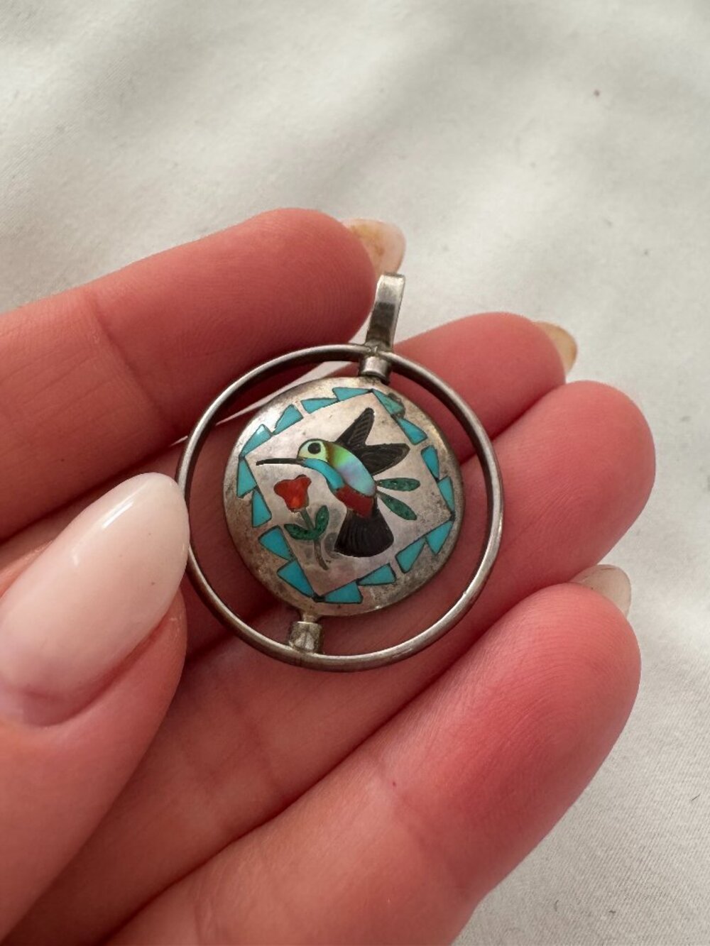 Zuni Stone Shell Inlay Sterling Silver Spinner Pendant Charm Hummingbird Quail